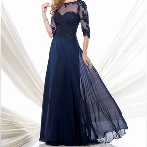 Montage by Mon Cheri 115968 navy size 16 chiffon lace long dress with sleeves